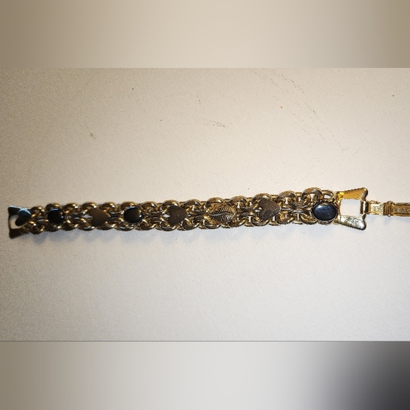 VINTAGE GOLD TONE STONE HEARTS CLASP LOCK BRACELET - Picture 5 of 5